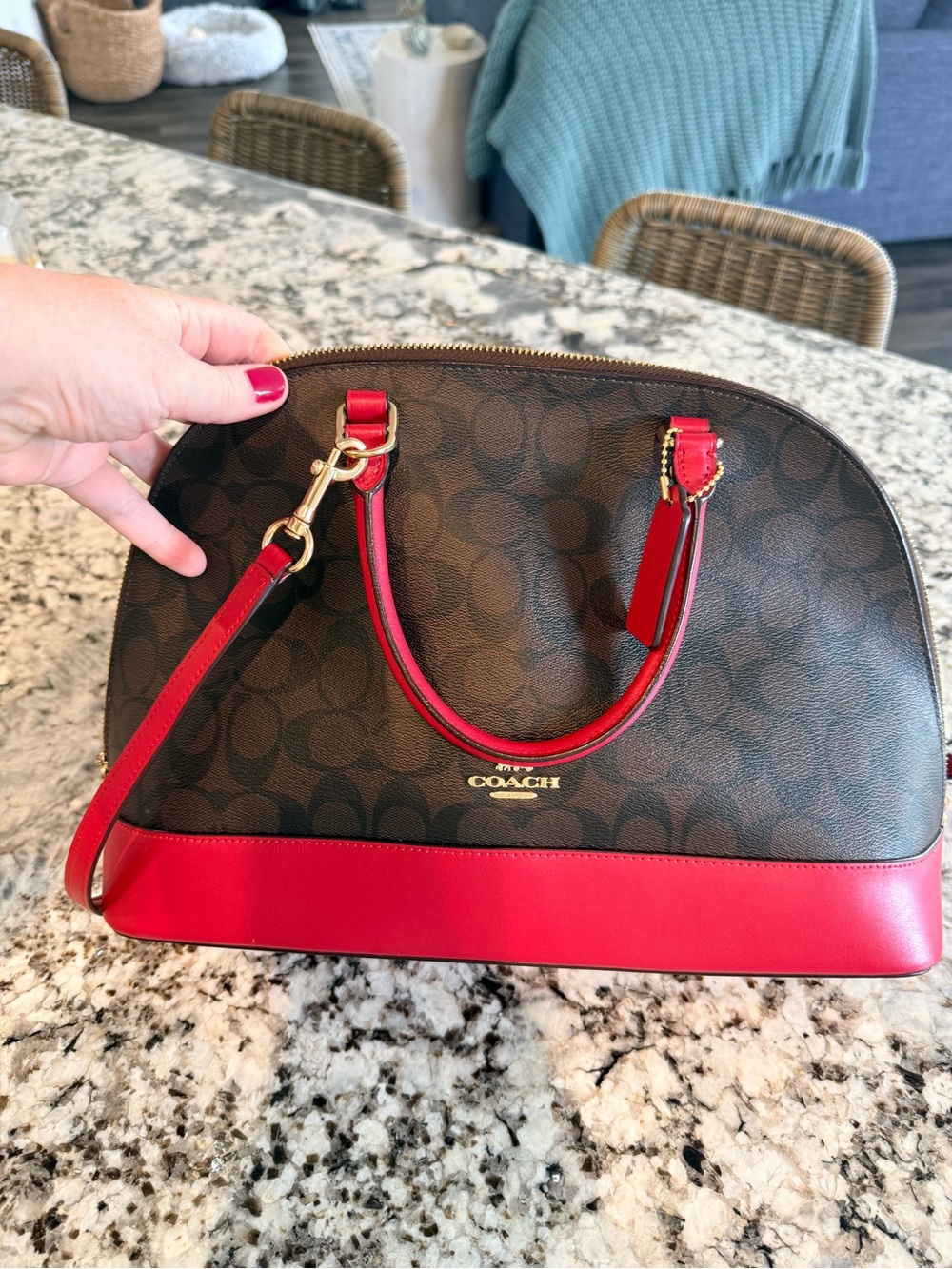 Coach Brown Signature Dome Satchel with Red Trim - Picture 3 of 3